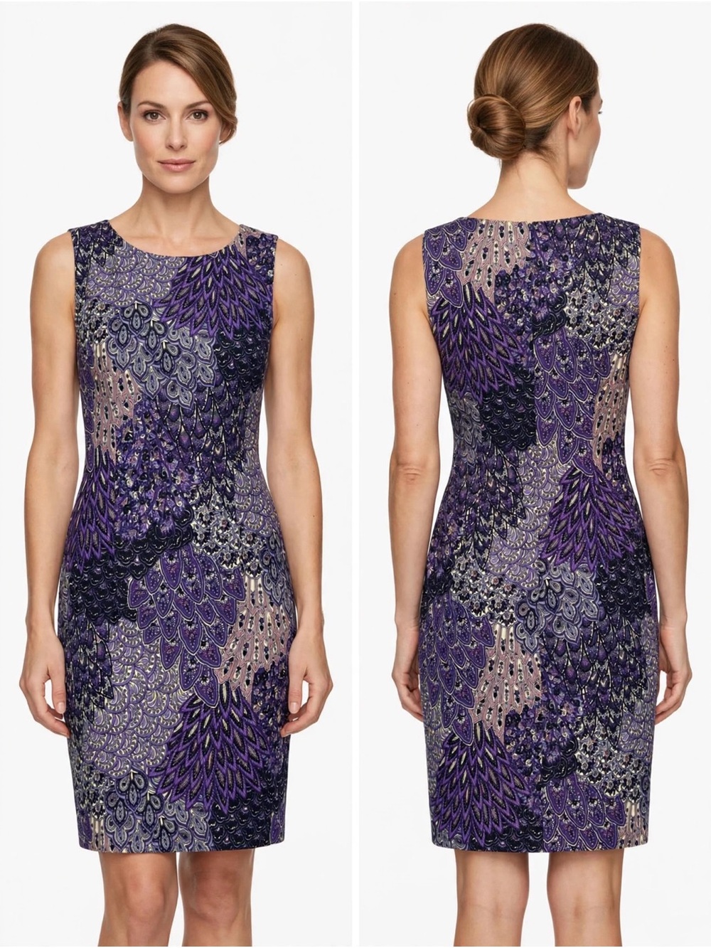 Sleeveless Purple Printed Midi Sheath Dress